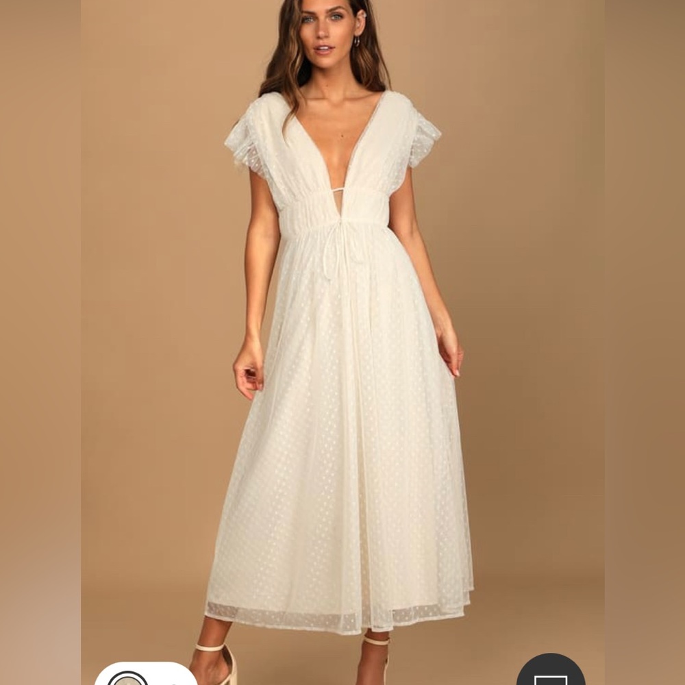 LuLu’s Yours Evermore Cream Swiss Dot Ruffle Midi Dress